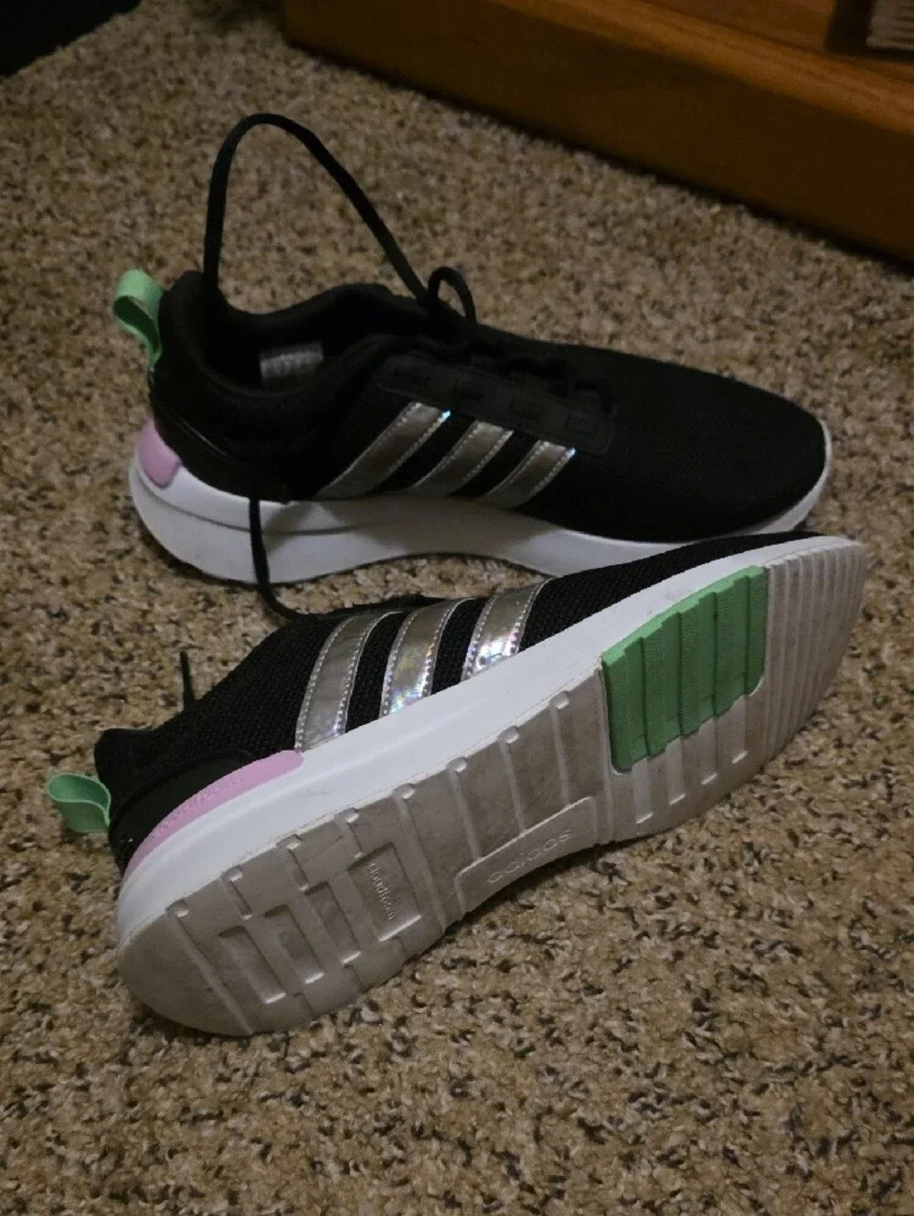 adidas Women’s Black Athletic Sneakers with Silver Stripes and Pastel Accents